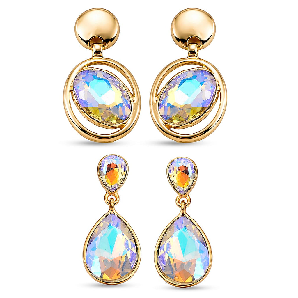 Set of 2 - Simulated Mystic White Crystal Dangling Earring with Push Back in Yellow Gold Tone