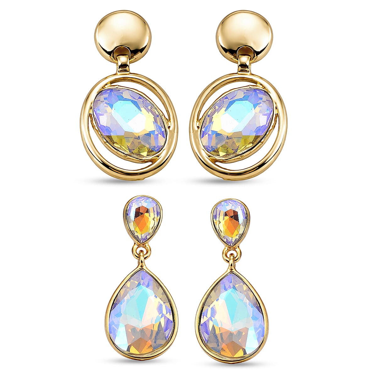 Set of 2 - Simulated Mystic White Crystal Dangling Earring with Push Back in Yellow Gold Tone V32518079 0