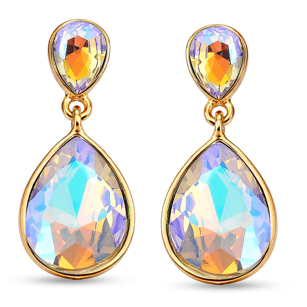 Set of 2 - Simulated Mystic White Crystal Dangling Earring with Push Back in Yellow Gold Tone