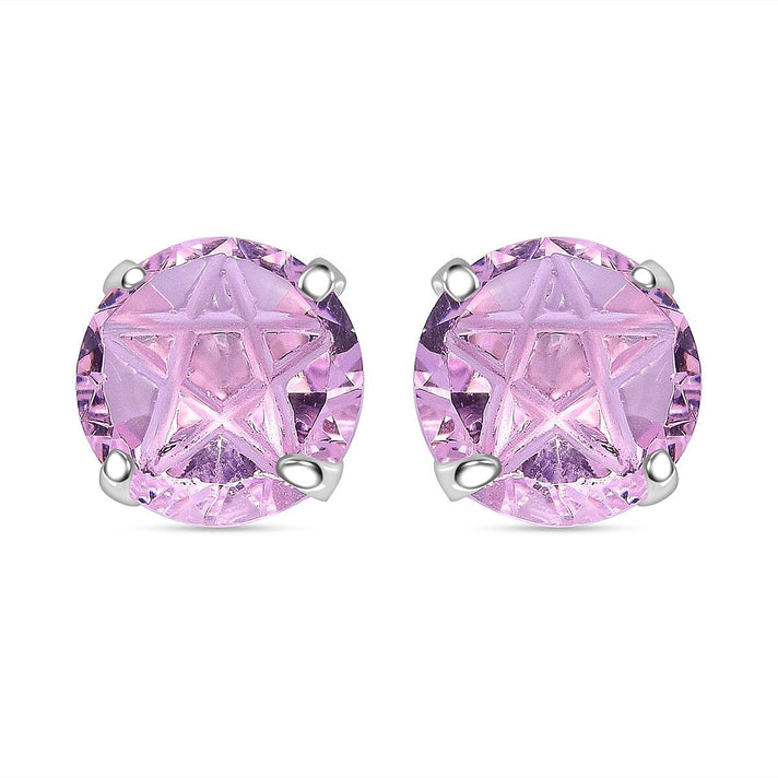Set of 2 - Simulated Pink Sapphire (Rnd), Simulated Ruby Stud Earrings (with Push Back) in Rhodium Plated Sterling Silver 2299761 1