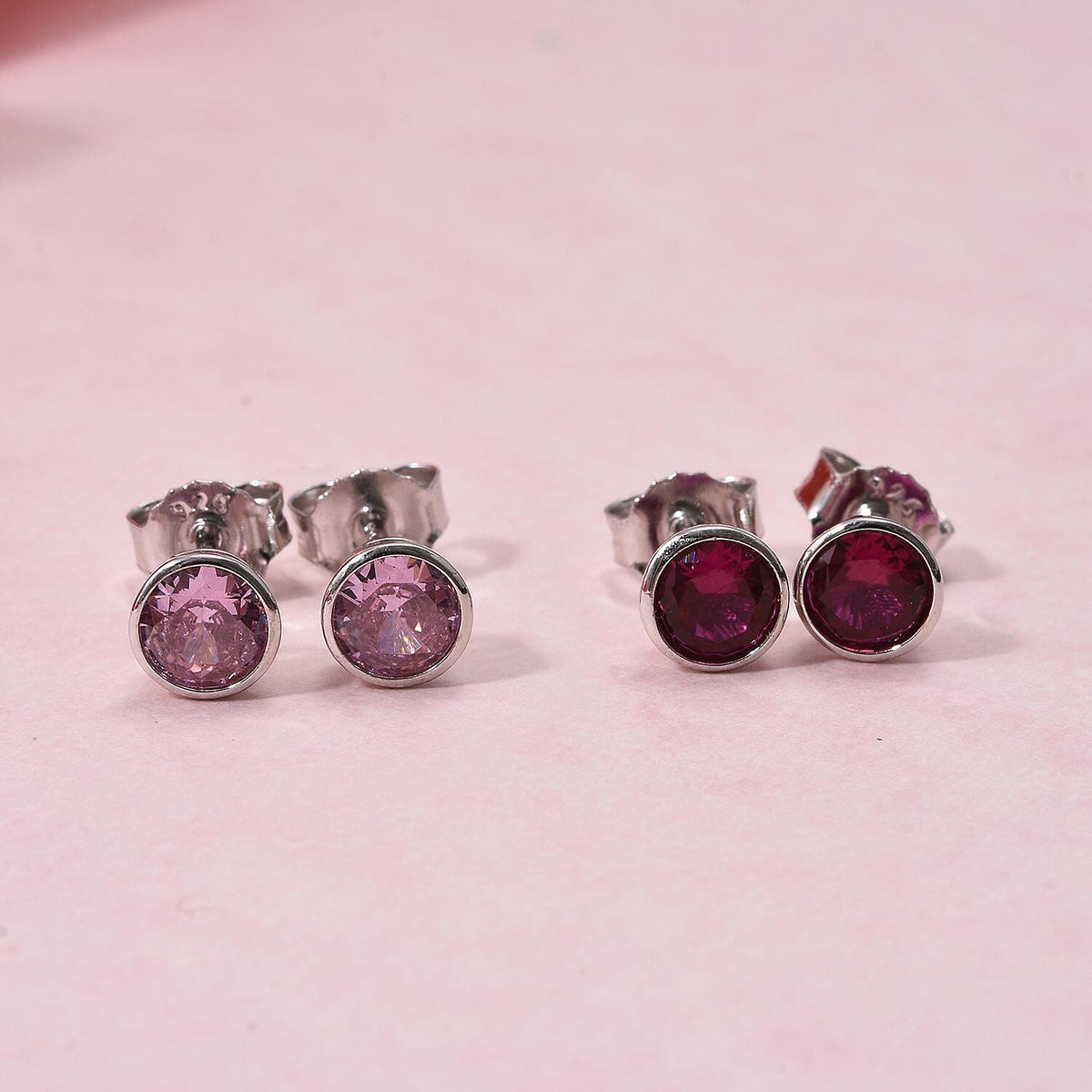 Set of 2 - Simulated Pink Sapphire (Rnd), Simulated Ruby Stud Earrings (with Push Back) in Rhodium Plated Sterling Silver 2299761 2