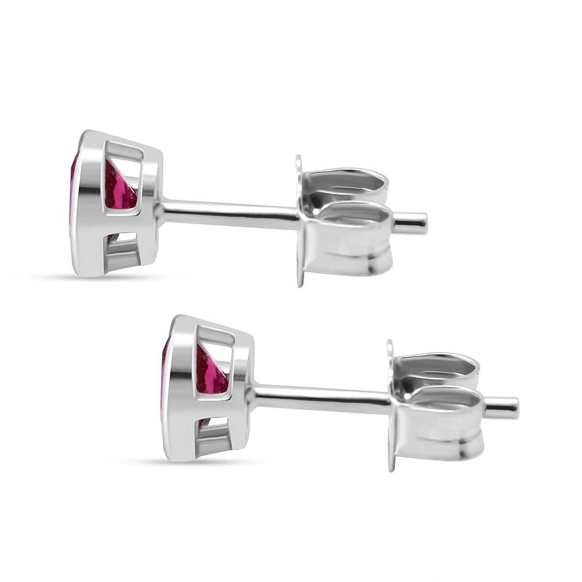 Set of 2 - Simulated Pink Sapphire (Rnd), Simulated Ruby Stud Earrings (with Push Back) in Rhodium Plated Sterling Silver 2299761 4