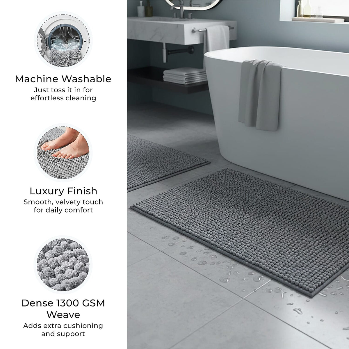 Set of 2 Super Soft Chenille Bath Mats (40 x 60 cm) V32577391 3