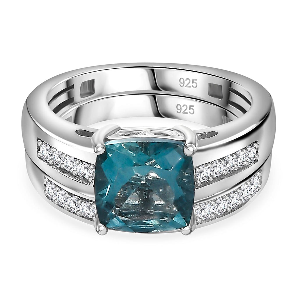 Set of 2 - Belgian Teal Fluorite & Natural Zircon Ring in Rhodium Overlay Sterling Silver 3.10 Ct, Silver Wt. 5.92 GM