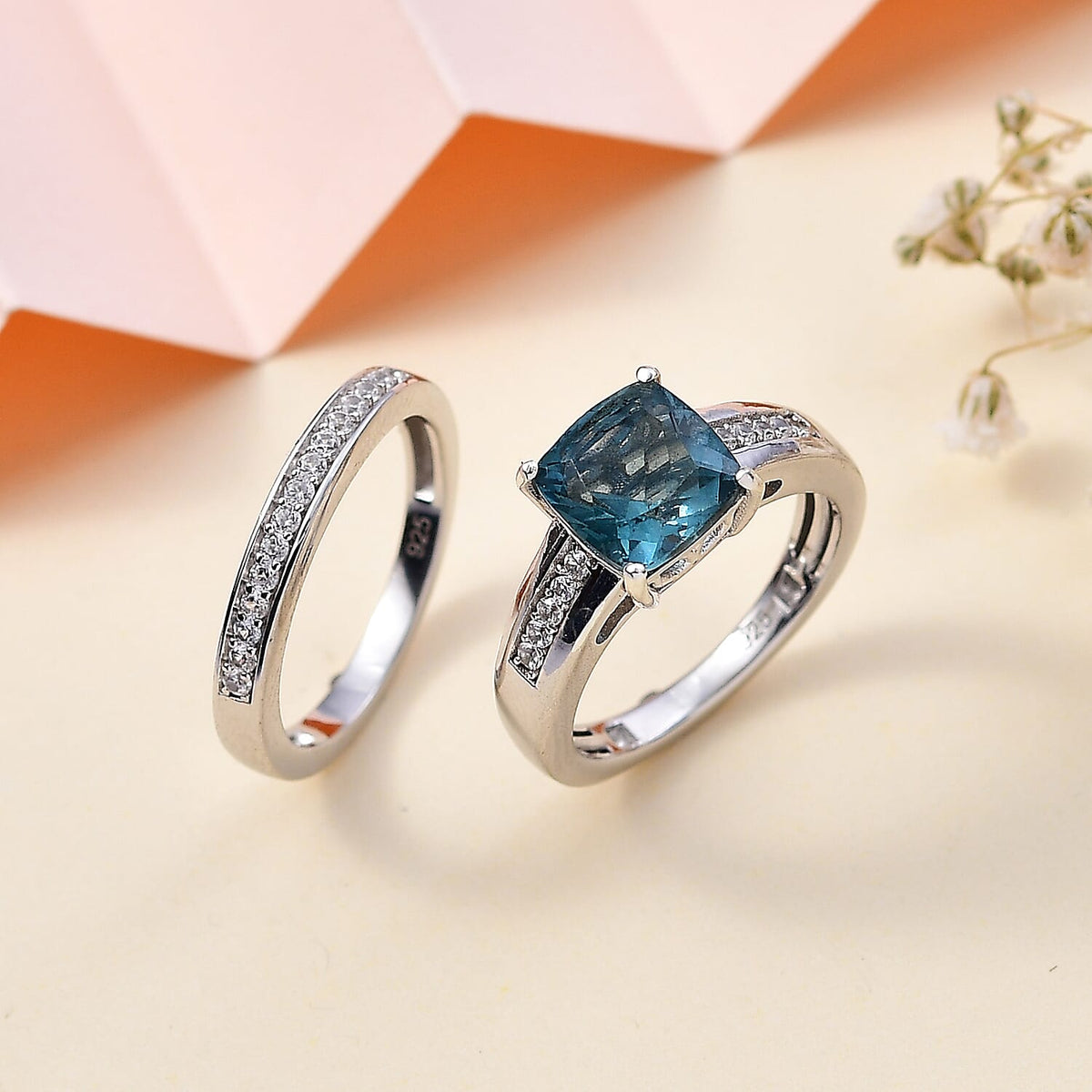 Set of 2 - Belgian Teal Fluorite &amp; Natural Zircon Ring in Rhodium Overlay Sterling Silver 3.10 Ct 4285560 1
