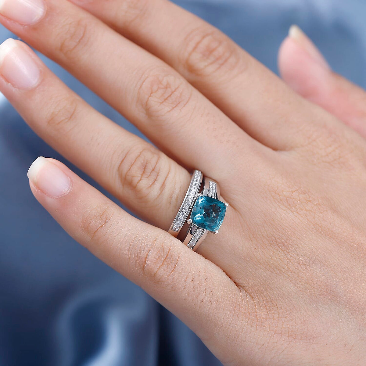 Set of 2 - Belgian Teal Fluorite &amp; Natural Zircon Ring in Rhodium Overlay Sterling Silver 3.10 Ct 4285560 2