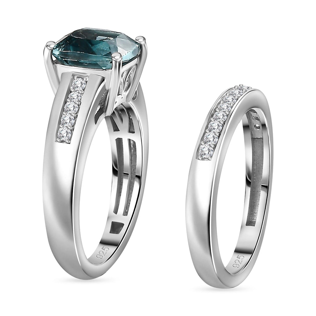 Set of 2 - Belgian Teal Fluorite & Natural Zircon Ring in Rhodium Overlay Sterling Silver 3.10 Ct, Silver Wt. 5.92 GM