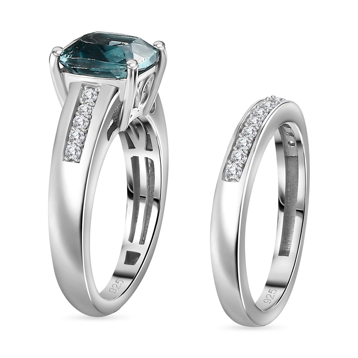 Set of 2 - Belgian Teal Fluorite &amp; Natural Zircon Ring in Rhodium Overlay Sterling Silver 3.10 Ct 4285560 3