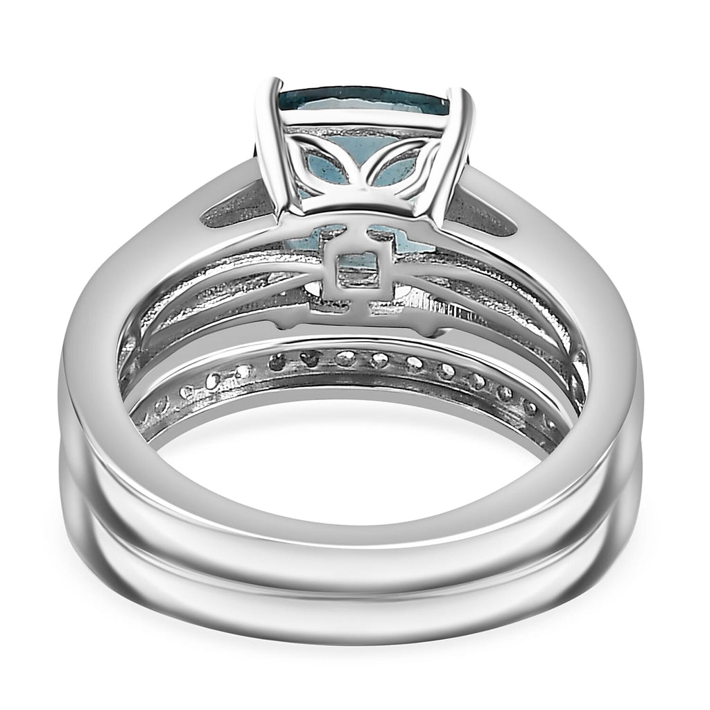 Set of 2 - Belgian Teal Fluorite & Natural Zircon Ring in Rhodium Overlay Sterling Silver 3.10 Ct, Silver Wt. 5.92 GM