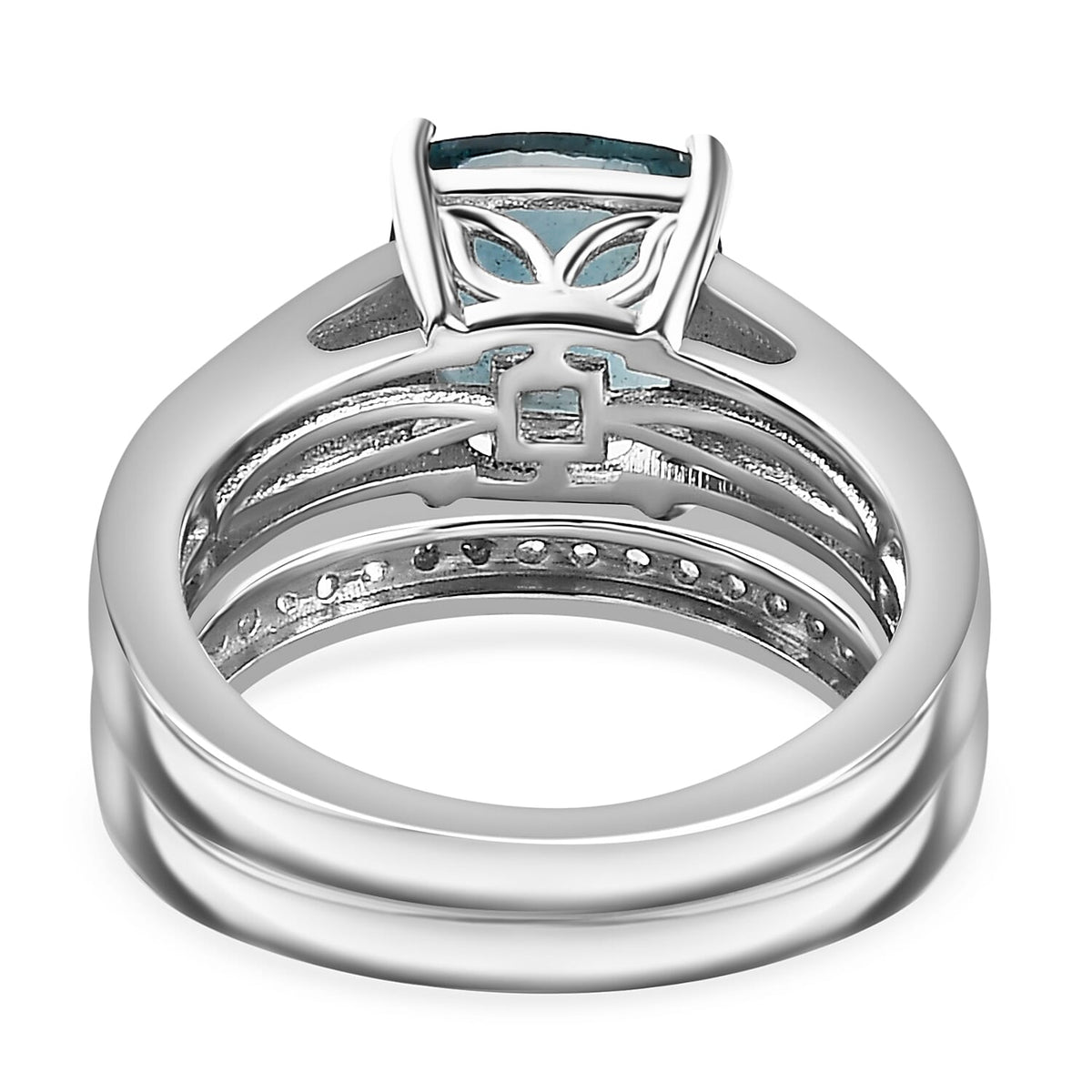 Set of 2 - Belgian Teal Fluorite &amp; Natural Zircon Ring in Rhodium Overlay Sterling Silver 3.10 Ct 4285560 4