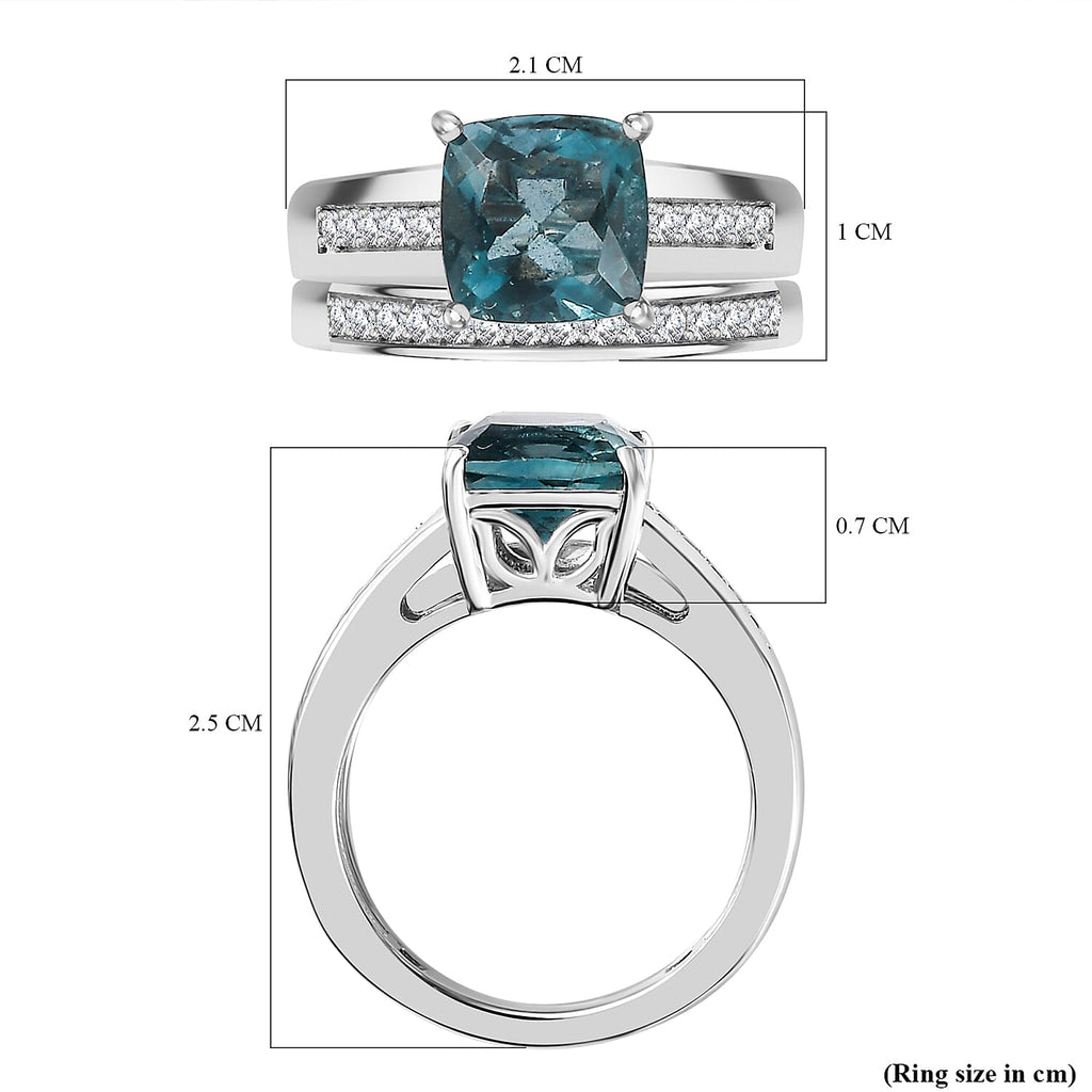 Set of 2 - Belgian Teal Fluorite & Natural Zircon Ring in Rhodium Overlay Sterling Silver 3.10 Ct, Silver Wt. 5.92 GM