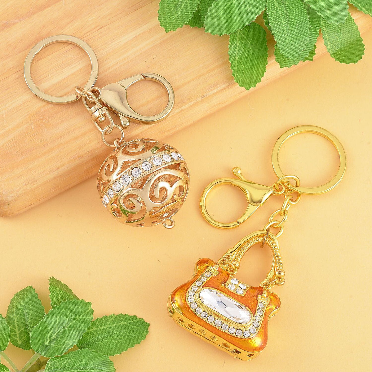 Set of 2 - White Austrian Crystal Playful Keychain in Yellow Gold Tone 4177607 2