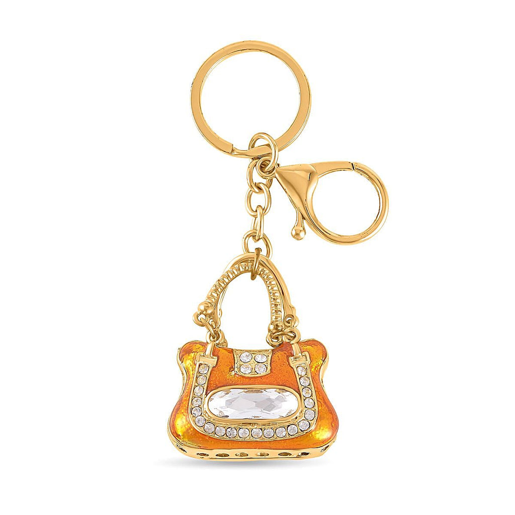 Set of 2 - White Austrian Crystal Playful Keychain in Yellow Gold Tone