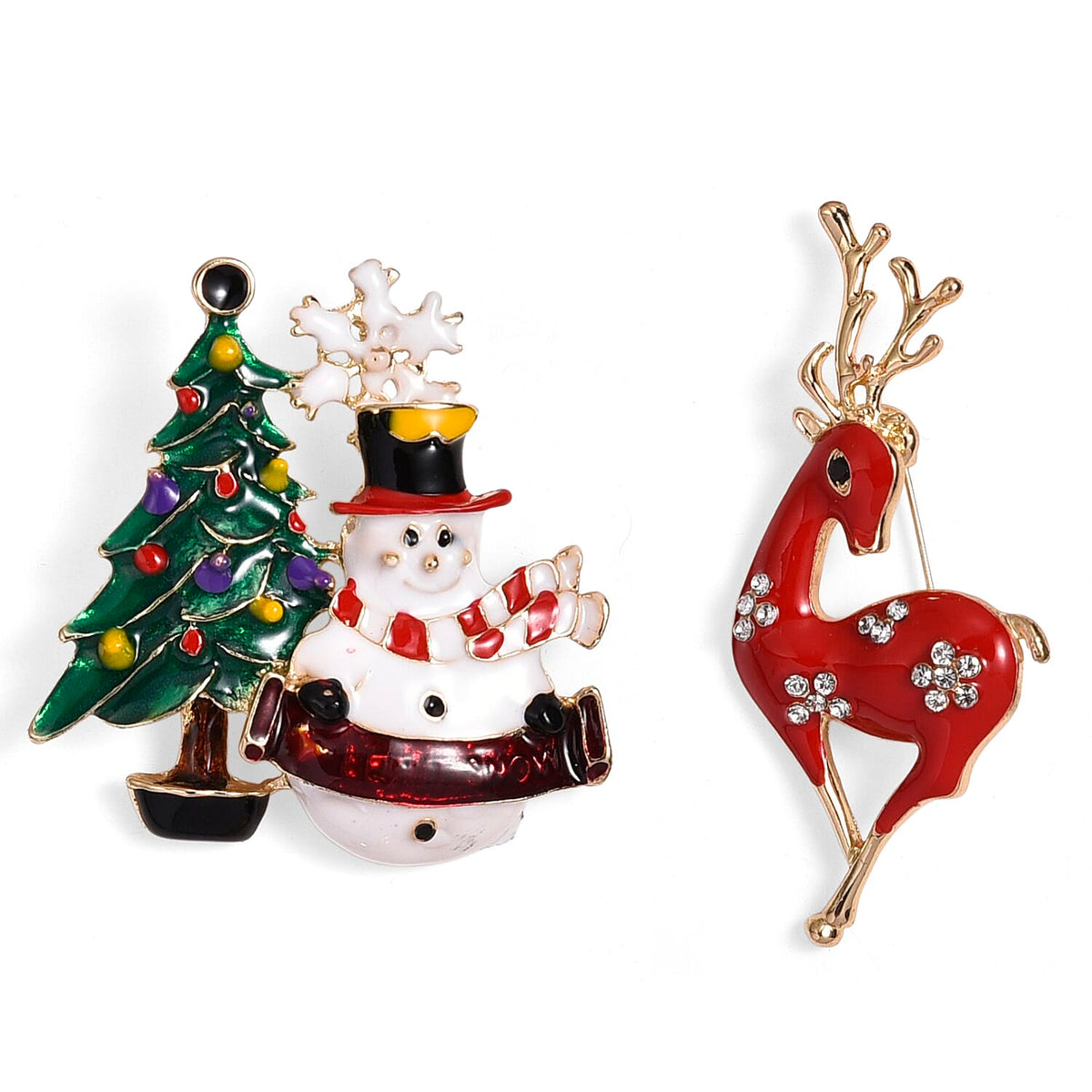 Set of 2 - White &amp; Black Crystal Christmas Celebrations Brooch in Yellow Gold Tone with Enameled V32590040 0