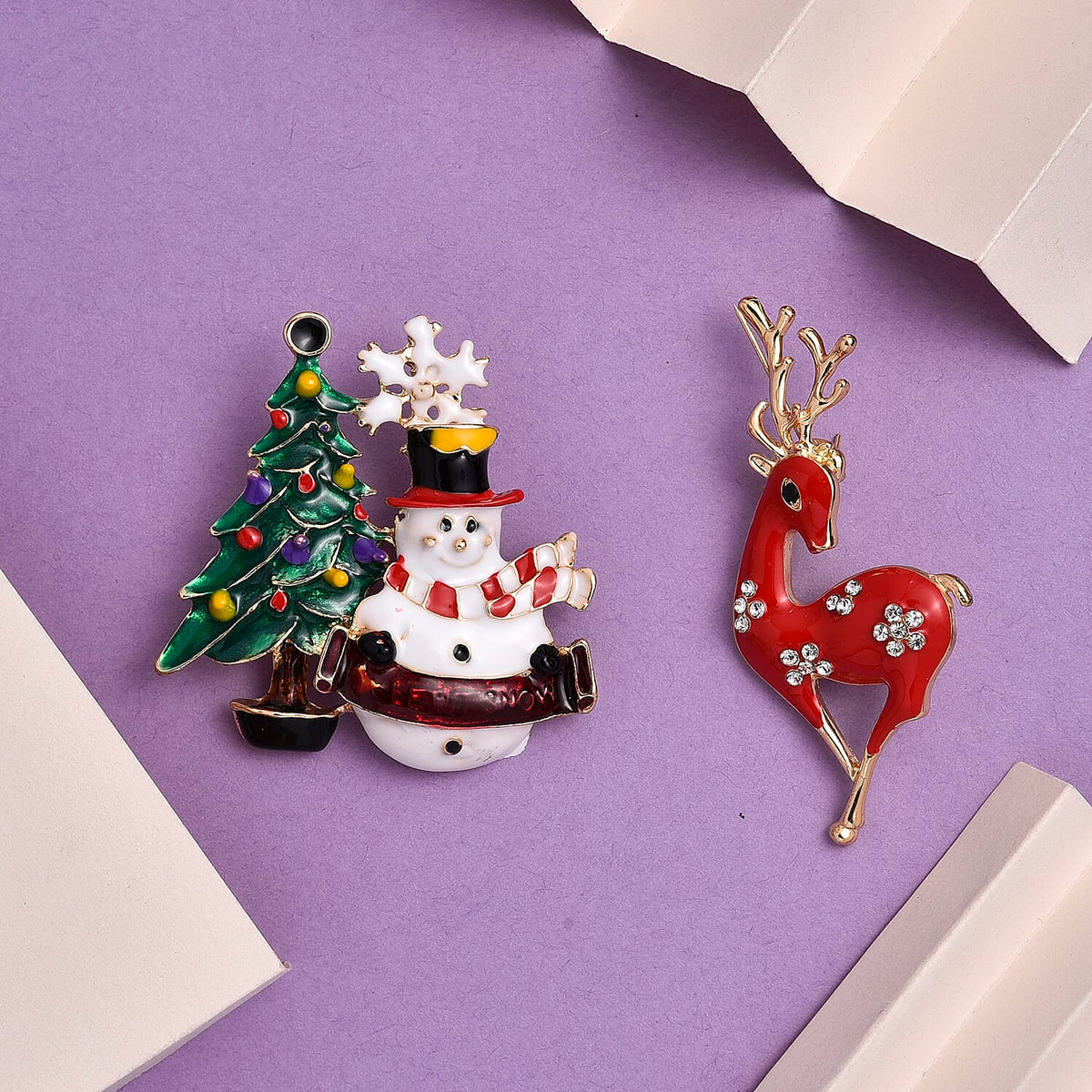 Set of 2 - White &amp; Black Crystal Christmas Celebrations Brooch in Yellow Gold Tone with Enameled V32590040 2