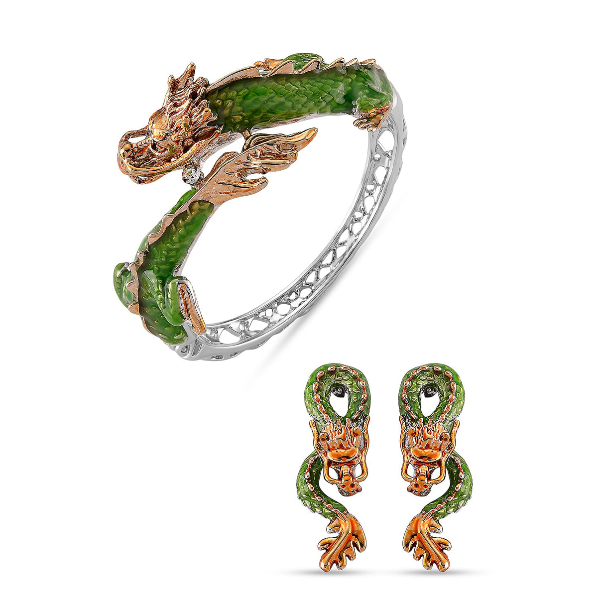 Set of 2 - White Crystal Dragon Enamelled Bangle &amp; Push Back Earrings in Silver &amp; Yellow Gold Tone 4465004 0