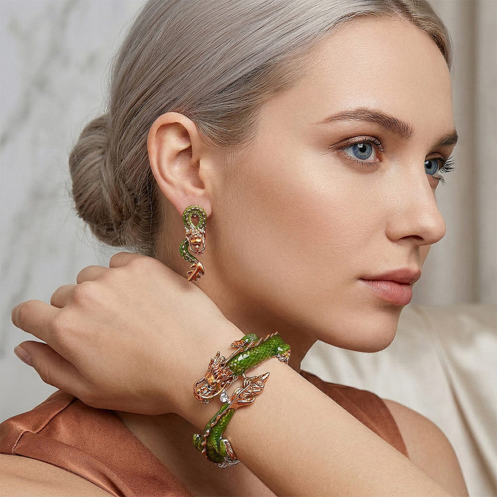 Set of 2 - White Crystal Dragon Enamelled Bangle &amp; Push Back Earrings in Silver &amp; Yellow Gold Tone 4465004 2