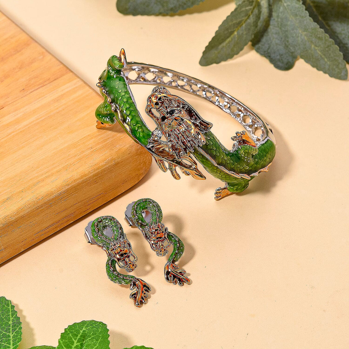 Set of 2 - White Crystal Dragon Enamelled Bangle &amp; Push Back Earrings in Silver &amp; Yellow Gold Tone 4465004 3