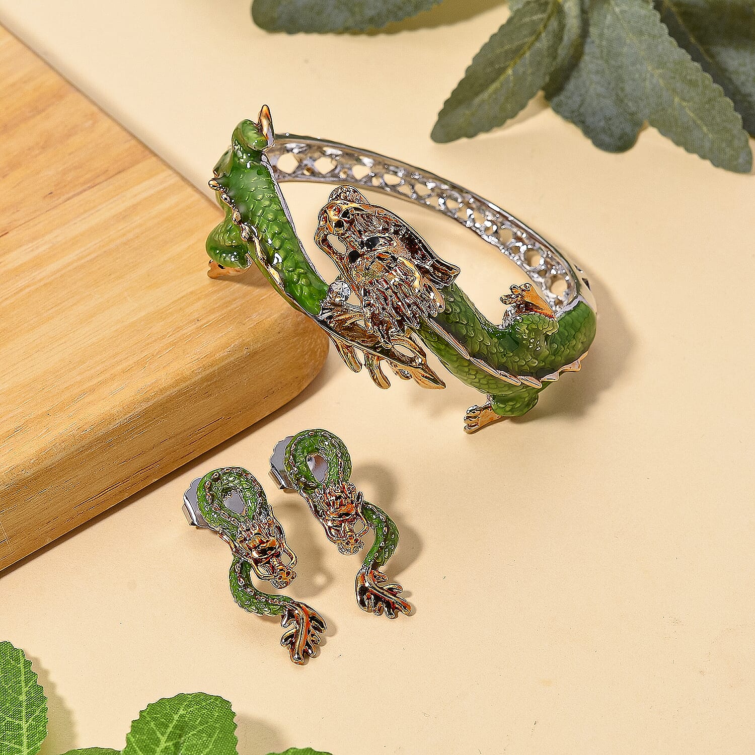 Set of 2 - White Crystal Dragon Enamelled Bangle &amp; Push Back Earrings in Silver &amp; Yellow Gold Tone 4465004 3