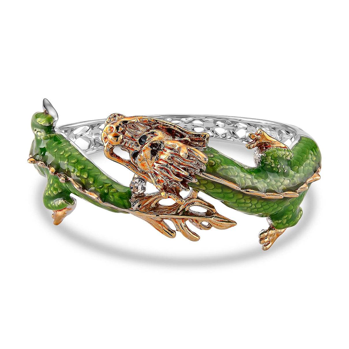 Set of 2 - White Crystal Dragon Enamelled Bangle &amp; Push Back Earrings in Silver &amp; Yellow Gold Tone 4465004 4