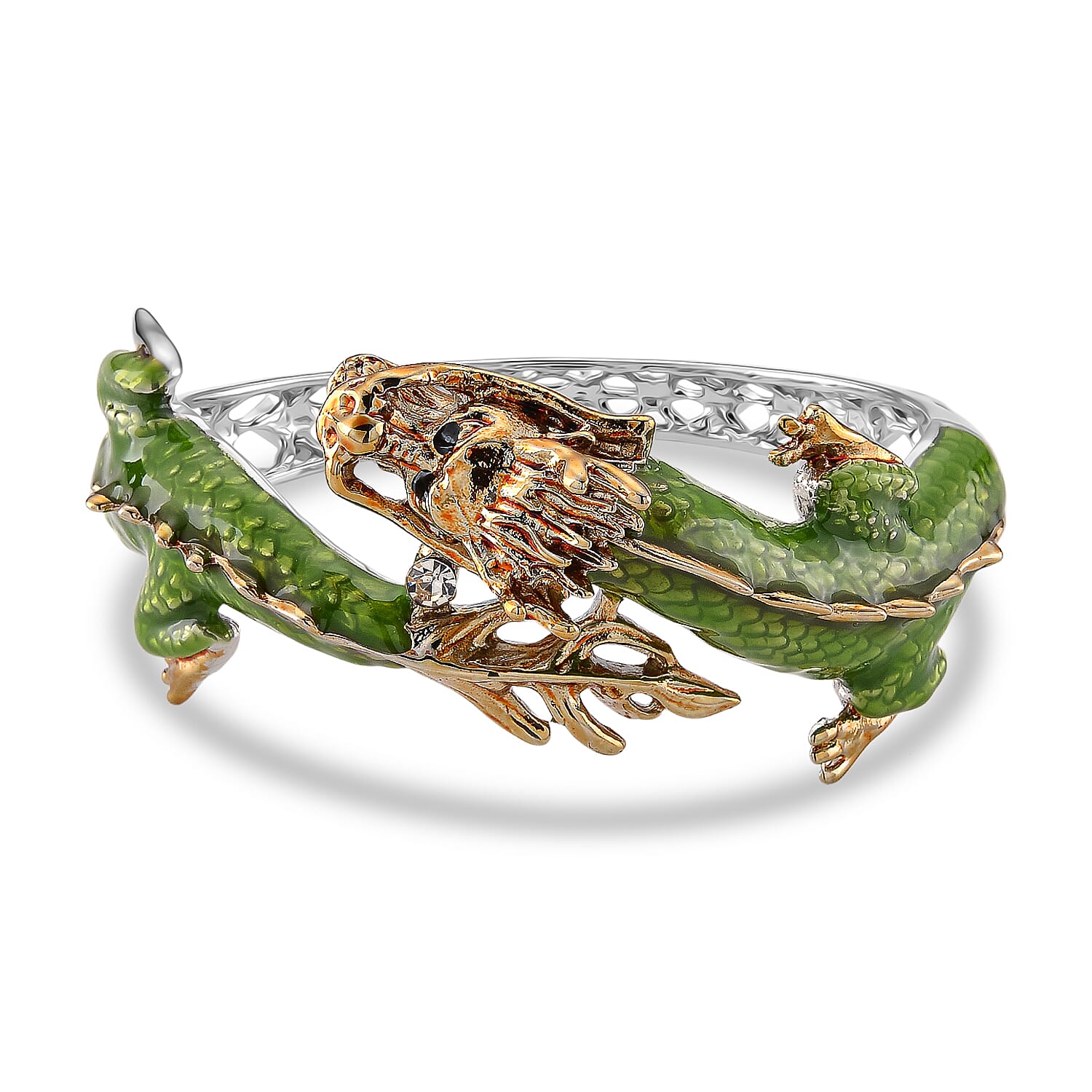 Set of 2 - White Crystal Dragon Enamelled Bangle &amp; Push Back Earrings in Silver &amp; Yellow Gold Tone 4465004 4
