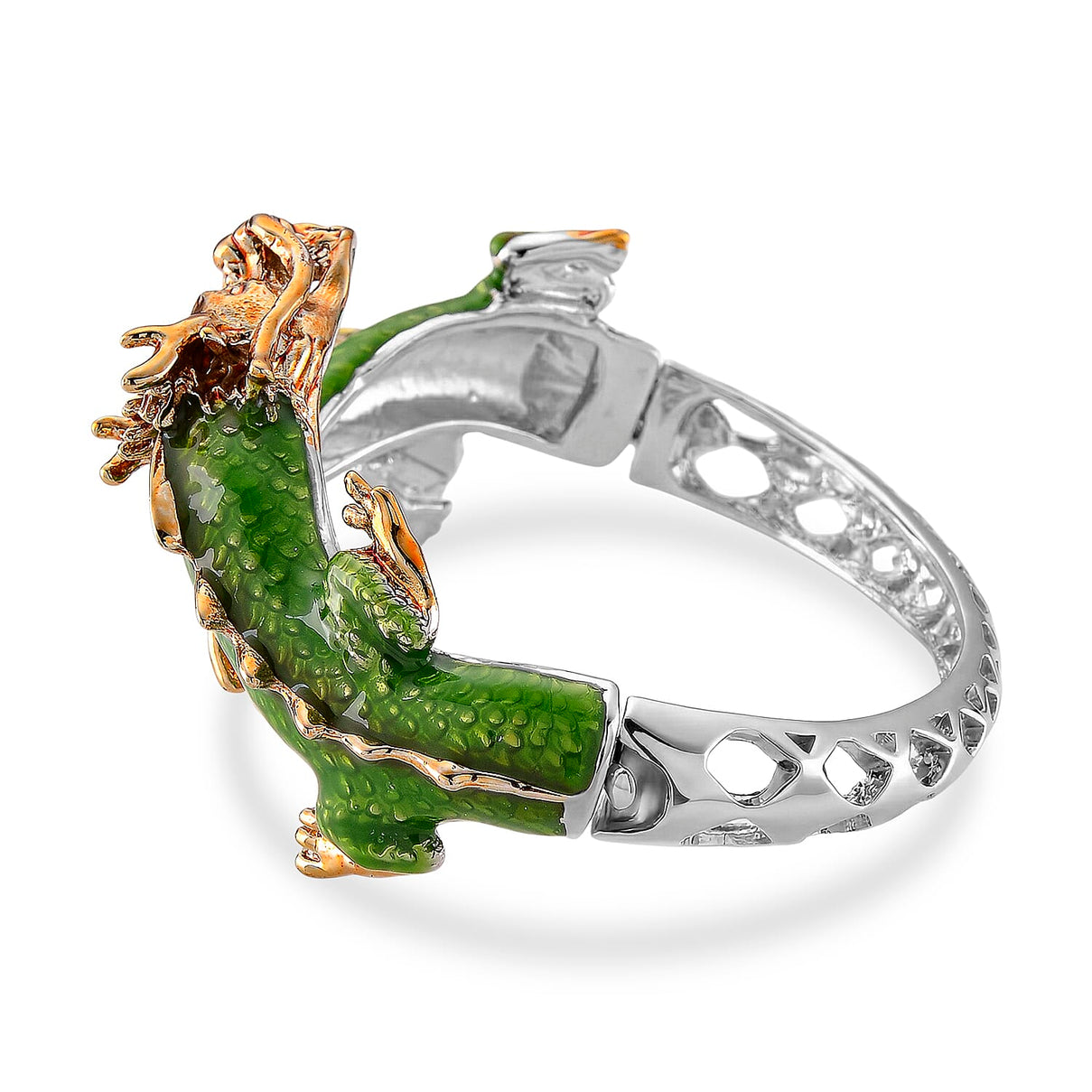 Set of 2 - White Crystal Dragon Enamelled Bangle &amp; Push Back Earrings in Silver &amp; Yellow Gold Tone 4465004 5