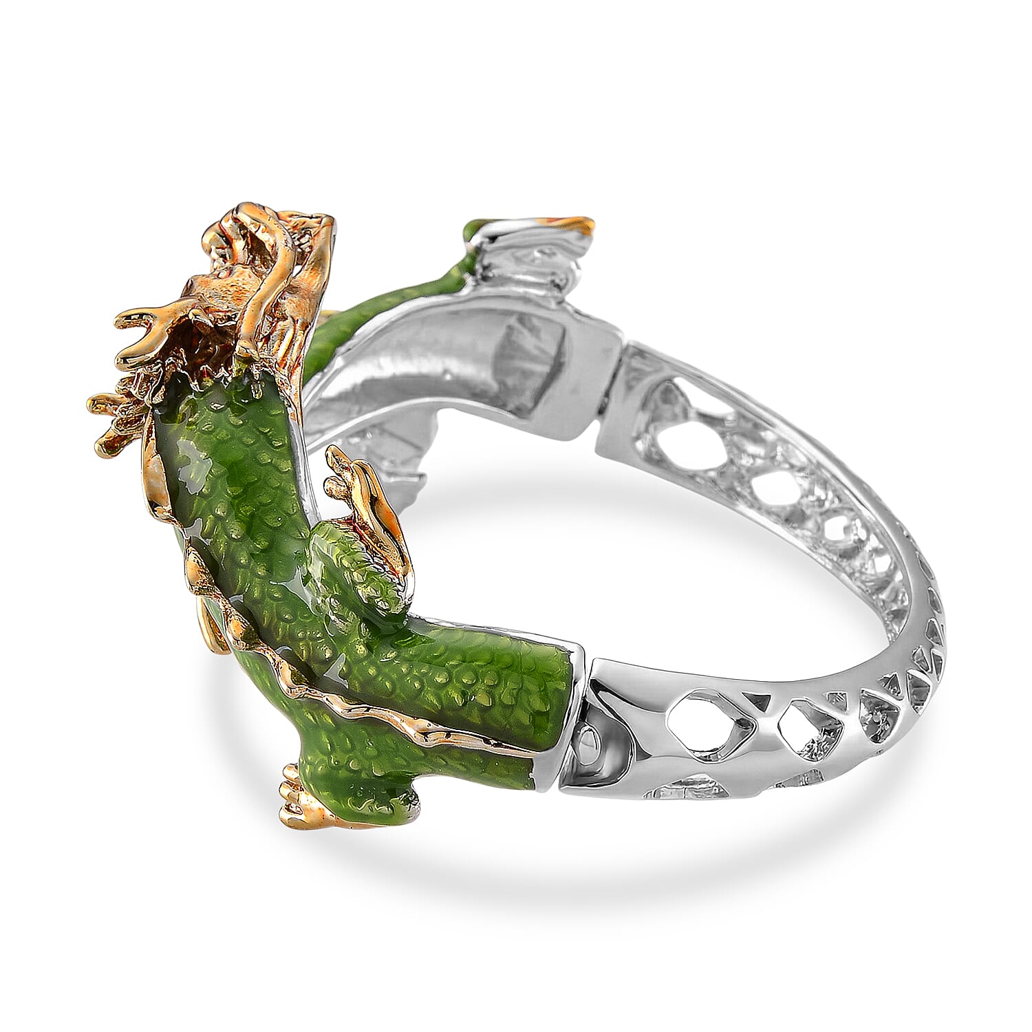 Set of 2 - White Crystal Dragon Enamelled Bangle &amp; Push Back Earrings in Silver &amp; Yellow Gold Tone 4465004 5