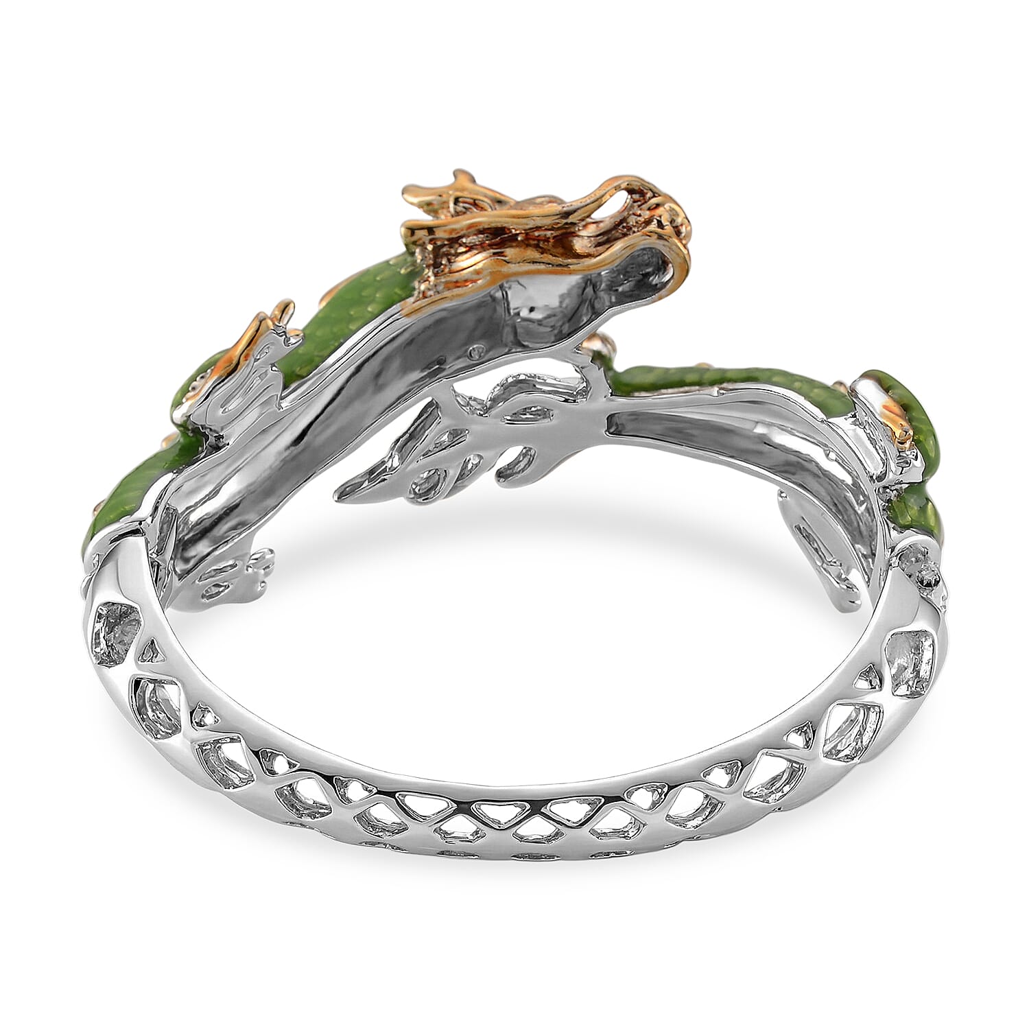 Set of 2 - White Crystal Dragon Enamelled Bangle &amp; Push Back Earrings in Silver &amp; Yellow Gold Tone 4465004 6