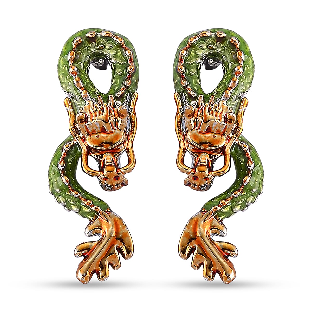 Set of 2 - White Crystal Dragon Enamelled Bangle &amp; Push Back Earrings in Silver &amp; Yellow Gold Tone 4465004 7