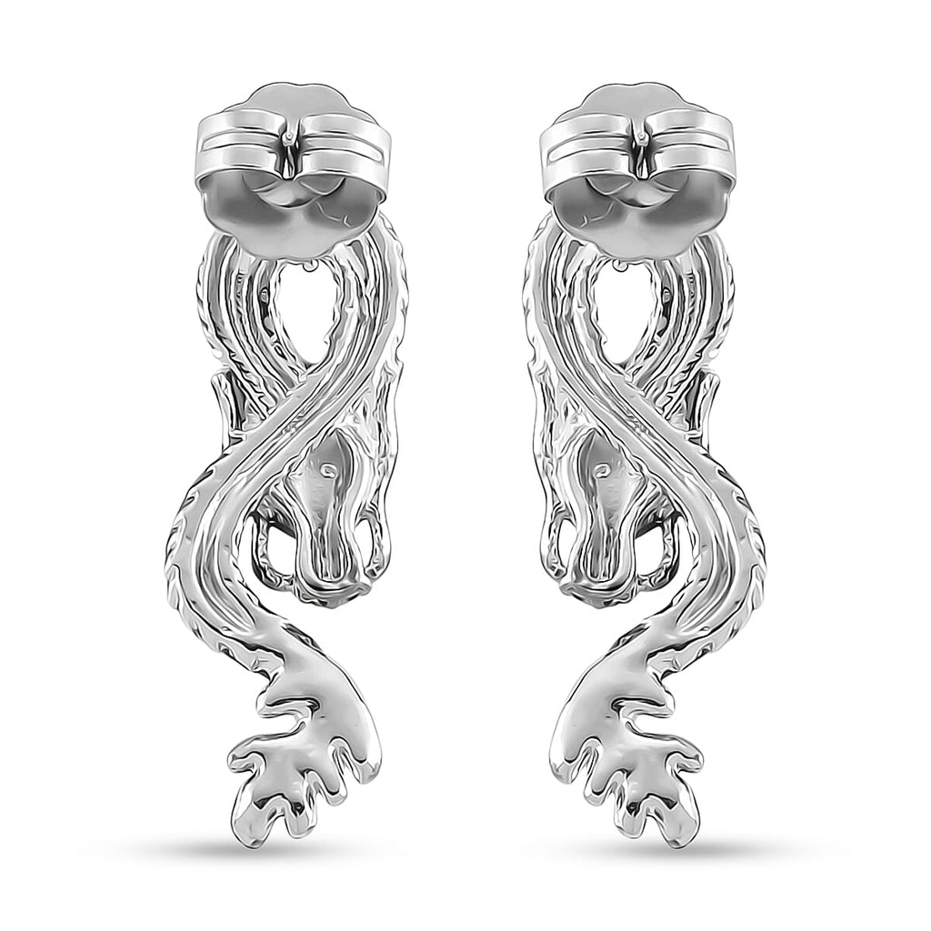 Set of 2 - White Crystal Dragon Enamelled Bangle & Push Back Earrings in Silver & Yellow Gold Tone