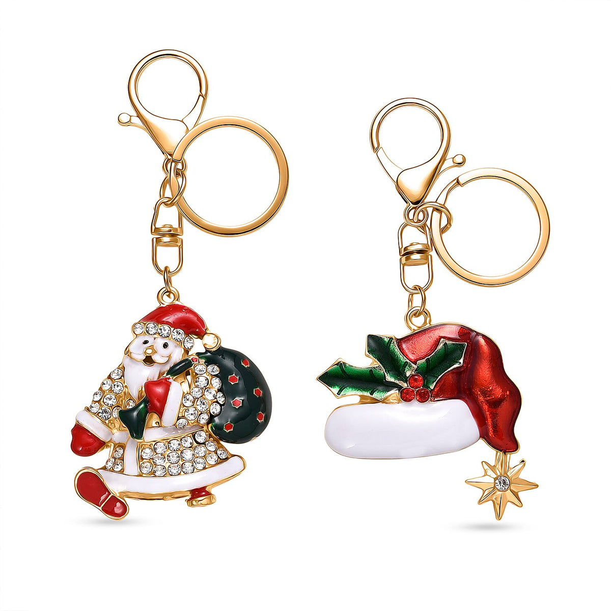 Set of 2 - Multi Colour Santa &amp; Christmas Hat Crystal Keychain in Yellow Gold Plated V32526581 0