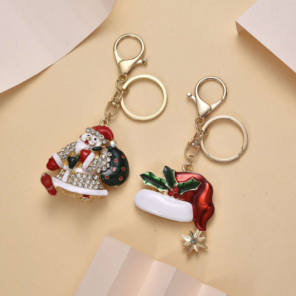Set of 2 - Multi Colour Santa &amp; Christmas Hat Crystal Keychain in Yellow Gold Plated V32526581 2