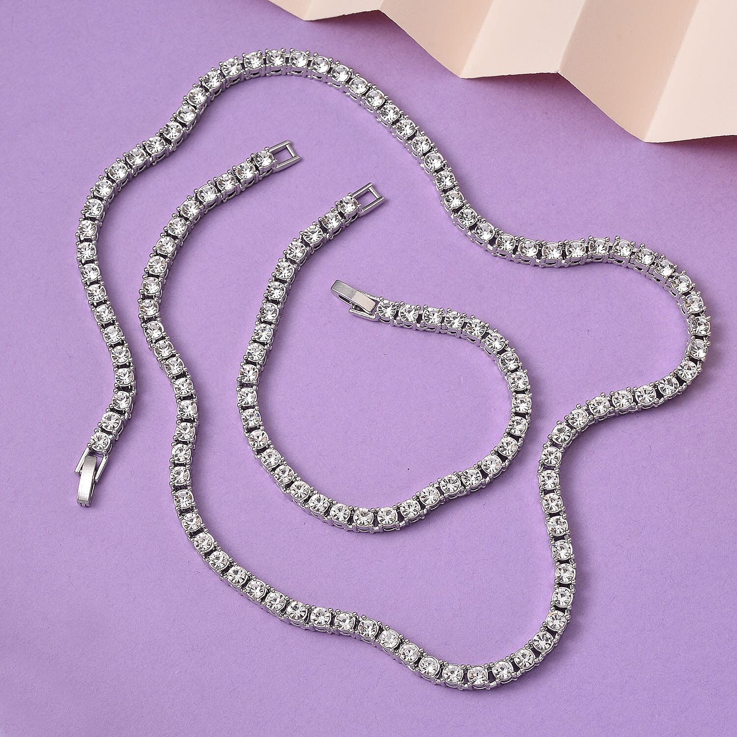 Set of 2 - White Crystal Tennis Necklace (Size - 20) &amp; Bracelet (Size - 7.5) in Silver Tone V32516665 3