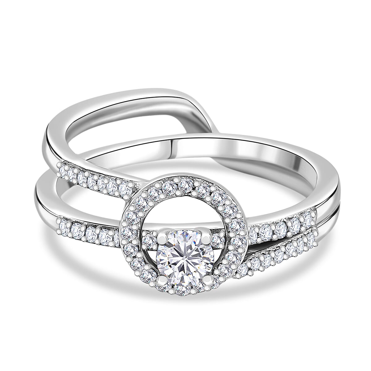 Set of 2 - White Diamond Ring in Rhodium Overlay Sterling Silver V32532555 0