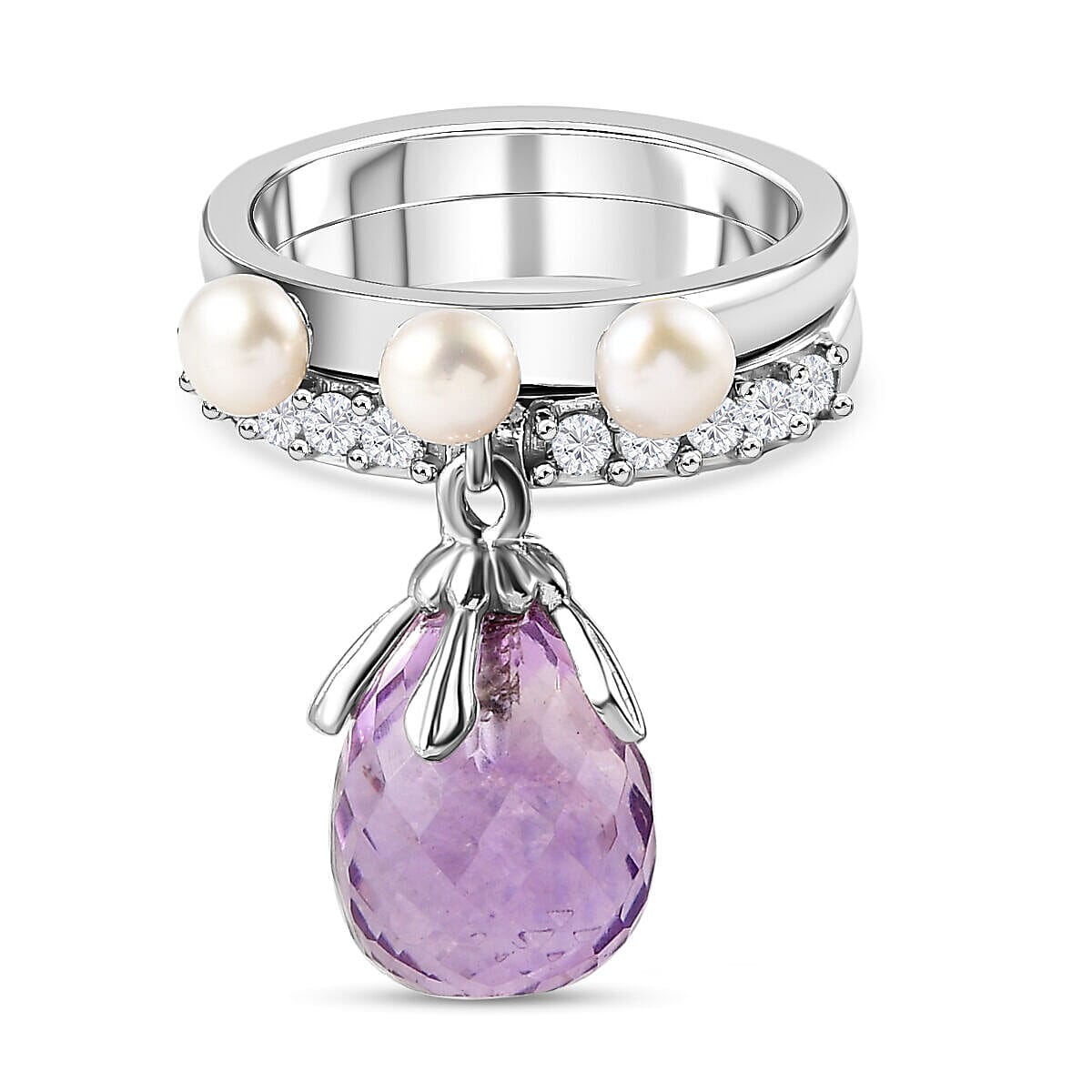 GP - Set of 2 -  White Pearl, Pink Amethyst and Cambodian Zircon Ring in Platinum Overlay Sterling Silver 4136649 0