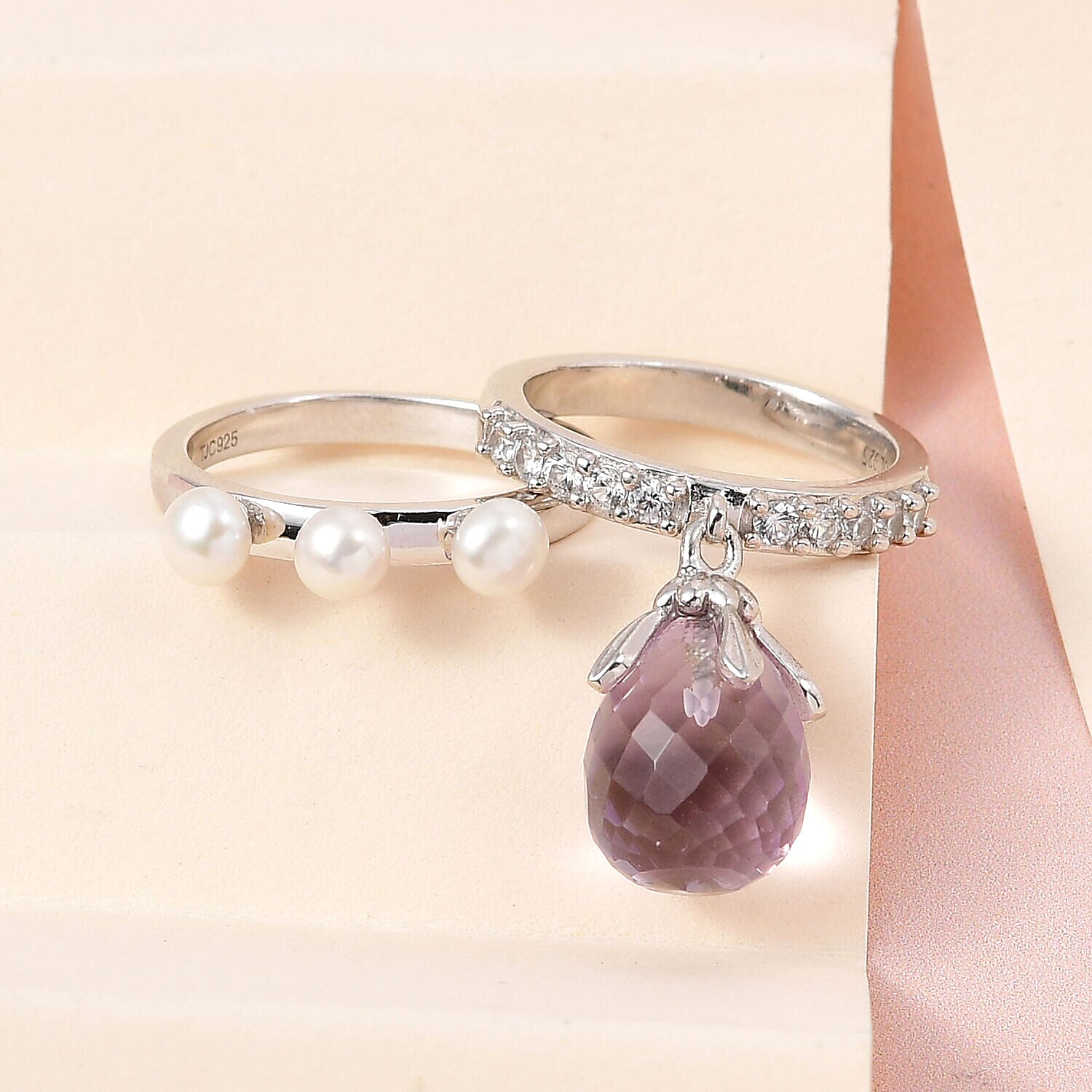 GP - Set of 2 -  White Pearl, Pink Amethyst and Cambodian Zircon Ring in Platinum Overlay Sterling Silver 4136649 1