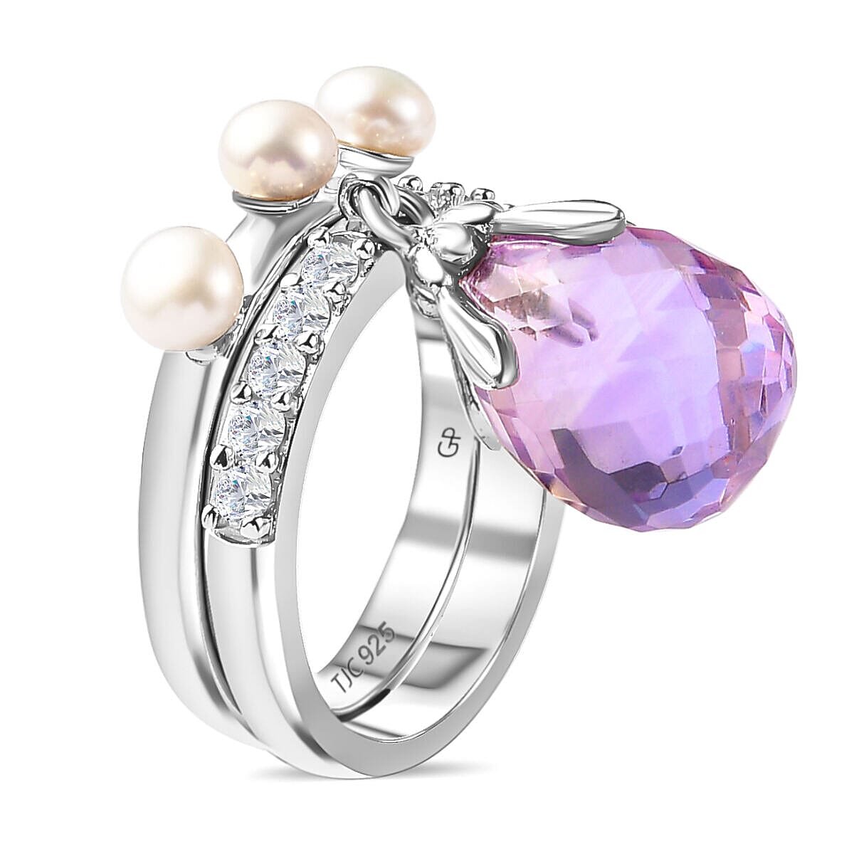 GP - Set of 2 -  White Pearl, Pink Amethyst and Cambodian Zircon Ring in Platinum Overlay Sterling Silver 4136649 5