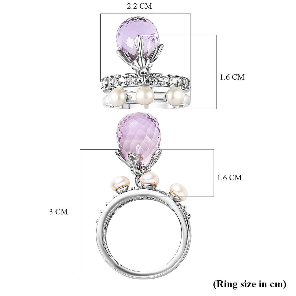 GP- Set of 2 - Pink Amethyst, White Pearl and Natural Zircon Ring in Platinum Overlay Sterling Silver 9.83 Ct, Silver Wt. 9.00 Gms
