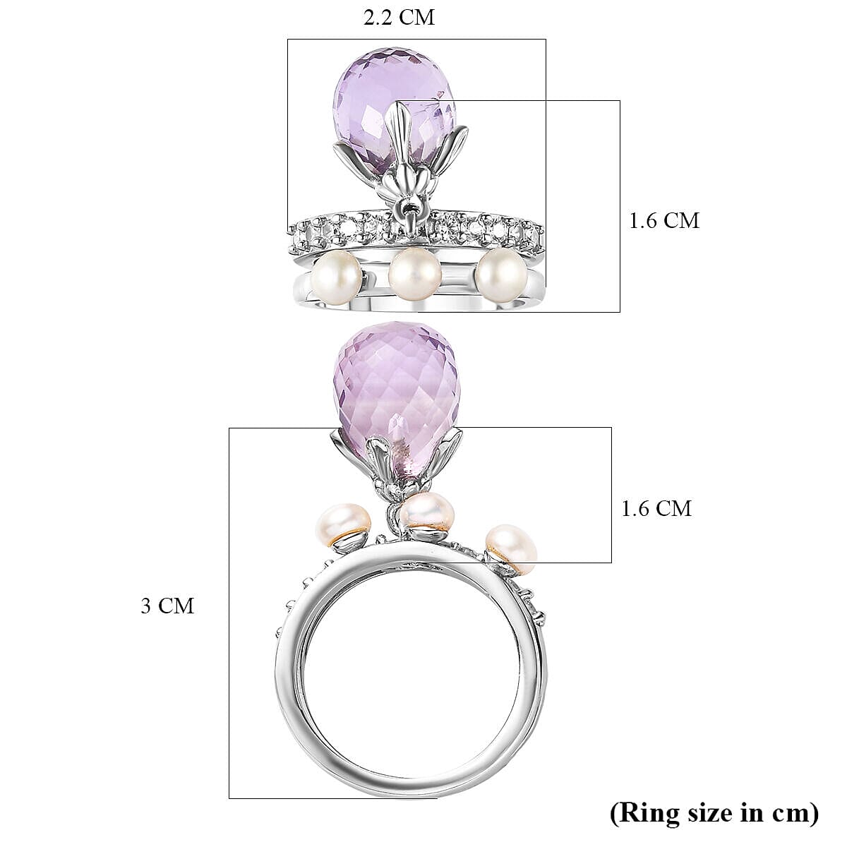 GP - Set of 2 -  White Pearl, Pink Amethyst and Cambodian Zircon Ring in Platinum Overlay Sterling Silver 4136649 7