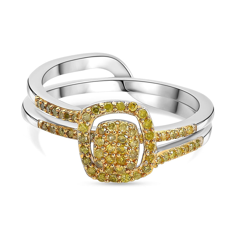 Set of 2 - Yellow Diamond Band Ring in Rhodium Overlay Sterling Silver