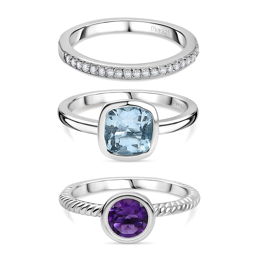 Set of 3 - African Amethyst, Skyblue Topaz & White Zircon Stackable Ring in Rhodium Overlay Sterling Silver 2.72 Ct, Silver Wt. Wt. 6.51 Gms.