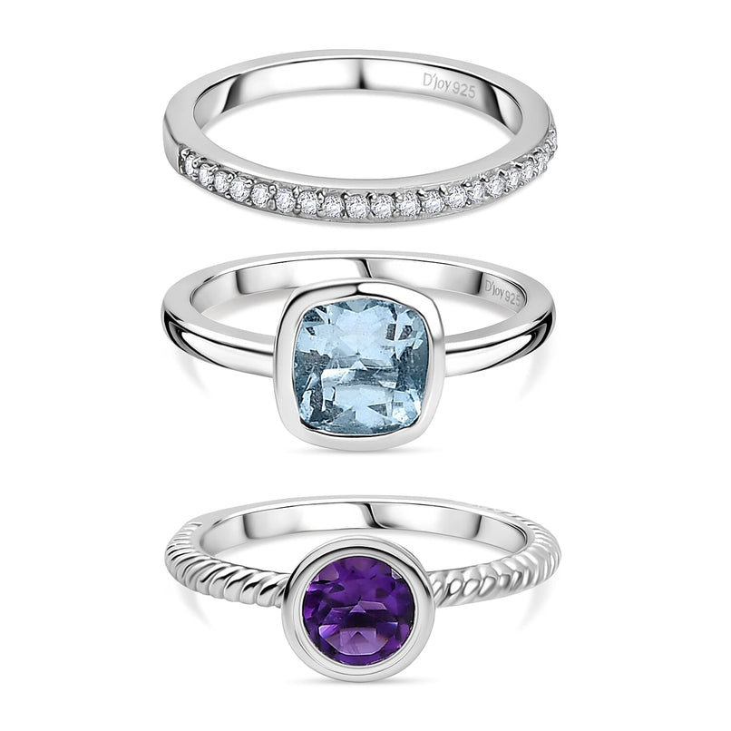 Set of 3 - African Amethyst, Skyblue Topaz & White Zircon Stackable Ring in Rhodium Overlay Sterling Silver 2.72 Ct, Silver Wt. Wt. 6.51 Gms.
