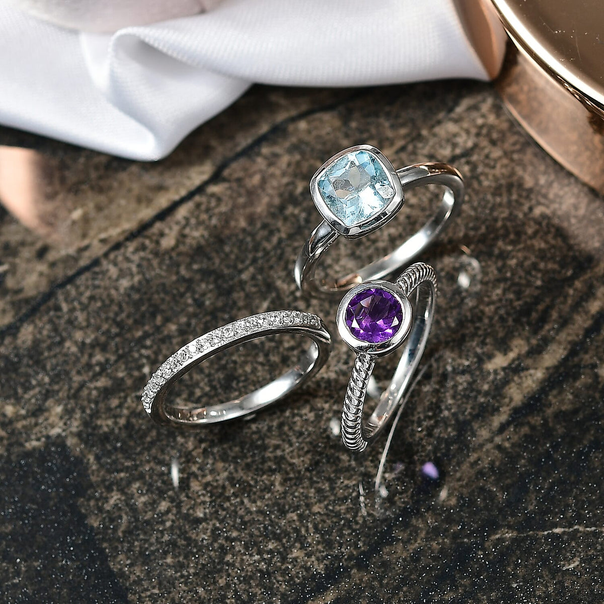 Set of 3 - African Amethyst, Sky blue Topaz and White Zircon Stackable Ring in Rhodium Overlay Sterling Silver 2.71 Ct. 4423801 2