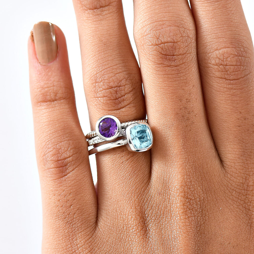 Set of 3 - African Amethyst, Skyblue Topaz & White Zircon Stackable Ring in Rhodium Overlay Sterling Silver 2.72 Ct, Silver Wt. Wt. 6.51 Gms.