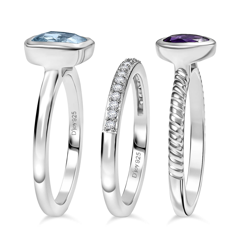 Set of 3 - African Amethyst, Skyblue Topaz & White Zircon Stackable Ring in Rhodium Overlay Sterling Silver 2.72 Ct, Silver Wt. Wt. 6.51 Gms.