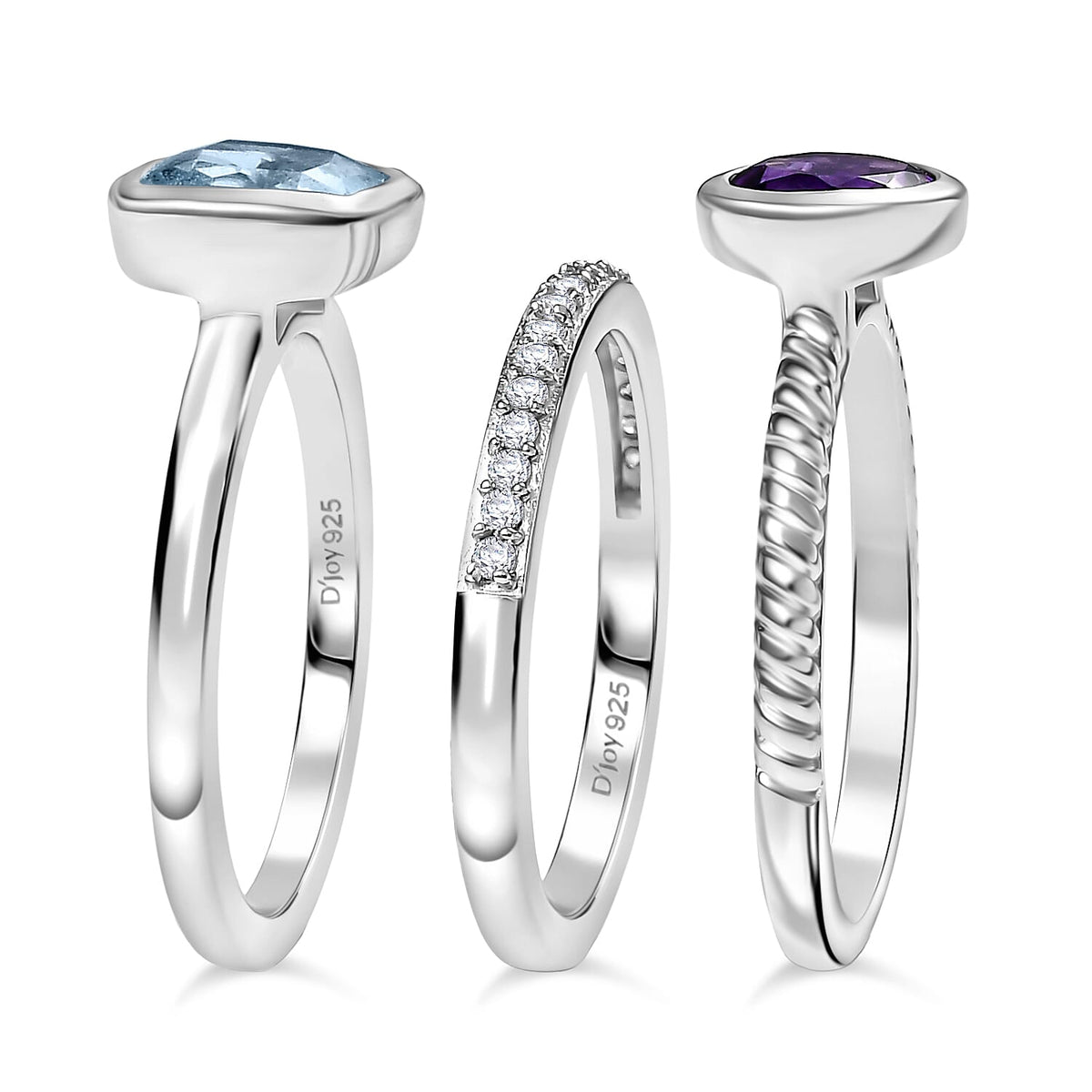 Set of 3 - African Amethyst, Sky blue Topaz and White Zircon Stackable Ring in Rhodium Overlay Sterling Silver 2.71 Ct. 4423801 4