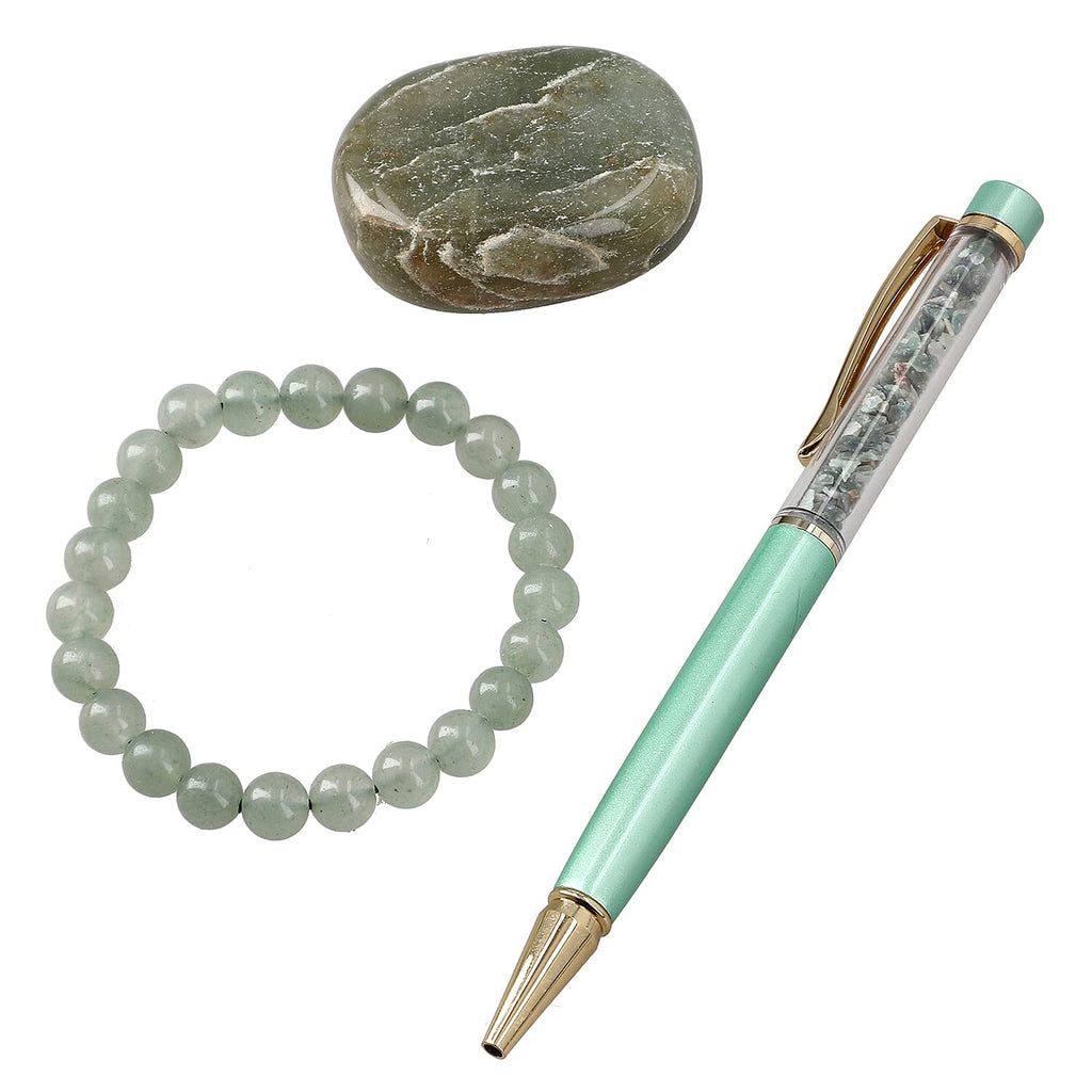 Set of 3 Beautiful Aventurine Gift Set- Gemstone Palm Stone, Beaded Bracelet, Pen with Gemstone Sphere on Top - Green