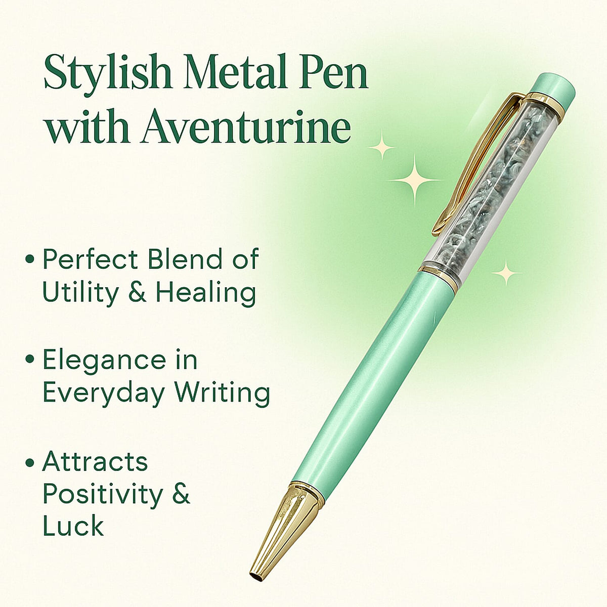Set of 3 Beautiful Aventurine Gift Set: Gemstone Palm Stone, Beaded Bracelet, Pen with Gemstone Sphere on Top - Green V32637851 2