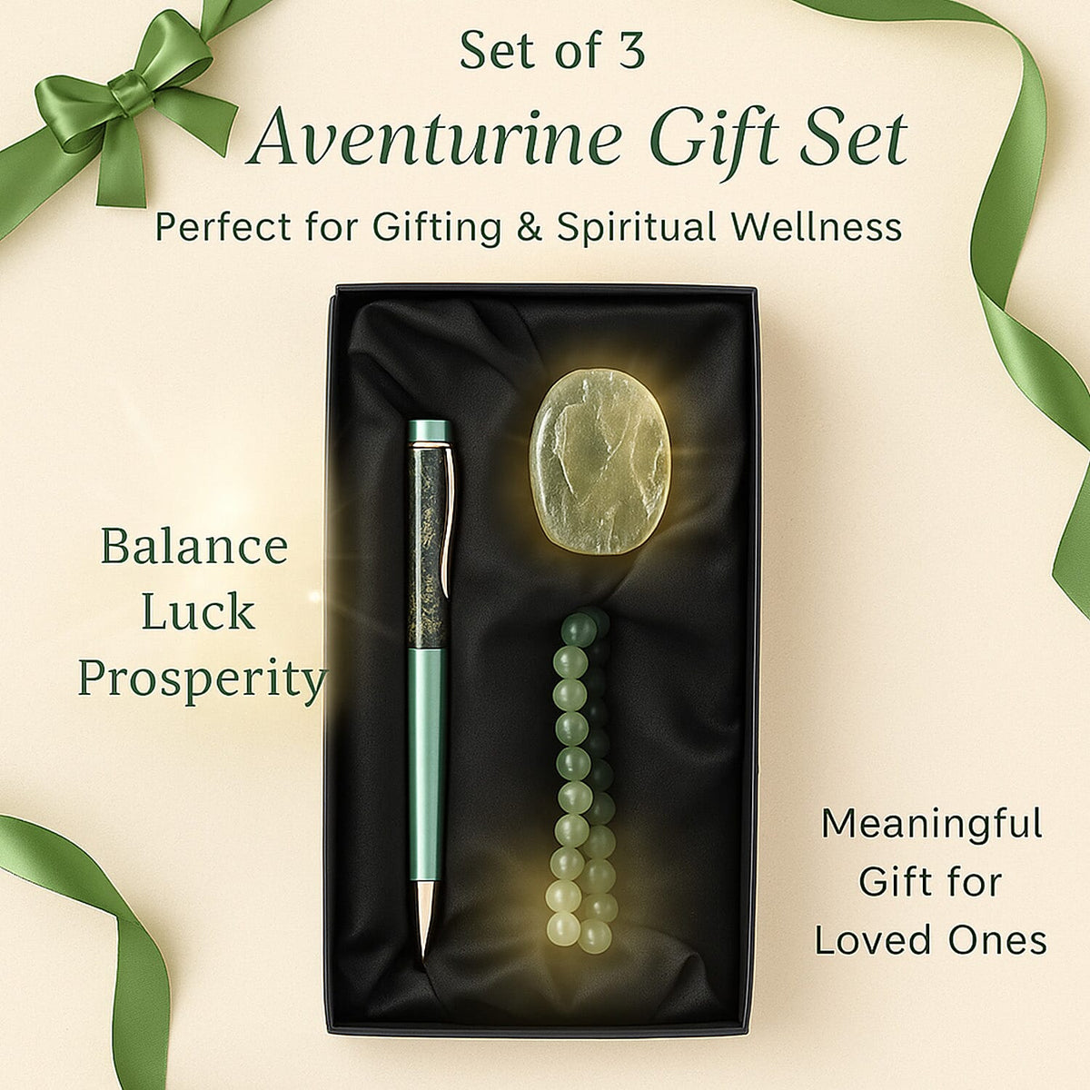 Set of 3 Beautiful Aventurine Gift Set: Gemstone Palm Stone, Beaded Bracelet, Pen with Gemstone Sphere on Top - Green V32637851 5
