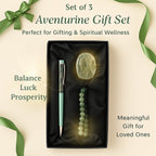 Set of 3 Beautiful Aventurine Gift Set- Gemstone Palm Stone, Beaded Bracelet, Pen with Gemstone Sphere on Top - Green